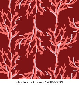 Coastal seamless vector pattern with vertical lines of sketchy corals on a dark red background. Perfect for home decor and scrapbooking.