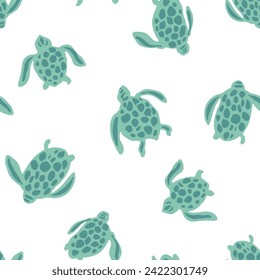 Coastal seamless vector repeat pattern with simple tonal teal sea turtle silhouettes on white background. Beach, swim, poolside, kids, boys, gender neutral backdrop