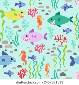 Coastal seamless vector repeat pattern with happy sea animals. sharks, fish, seahorse, corals on aqua teal blue background. Summer, swim, poolside, kids swimwear, beach backdrop