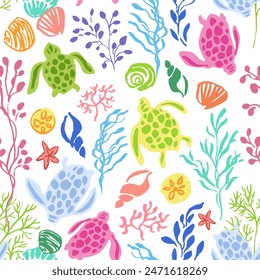 Coastal seamless vector repeat pattern with colorful sea turtles and algae seaweed on white background. Summer, swim, poolside, kids swimwear, beach backdrop in happy cheerful colors