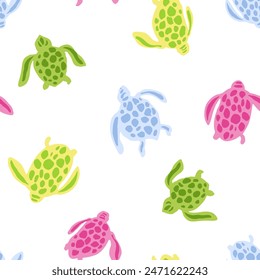 Coastal seamless vector repeat pattern with simple tonal color sea turtle silhouettes on white background in pink, yellow, green and blue. Beach, swim, poolside, kids, boys, gender neutral backdrop