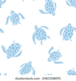 Coastal seamless vector repeat pattern with simple tonal color sea turtle silhouettes on white background in soft light baby blue. Beach, swim, poolside, kids, boys, gender neutral backdrop