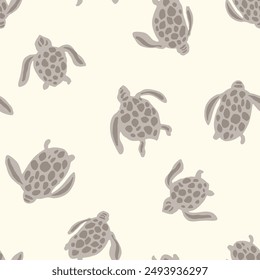 Coastal seamless vector repeat pattern with simple tonal tan colors sea turtle silhouettes on cream background. Beach, swim, poolside, kids, baby gender neutral backdrop