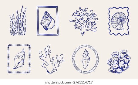 Coastal seashell retro blue stamp, marine nautical theme. Minimalist retro sea print designs sketch with outline seashells illustrations in whimsical frames