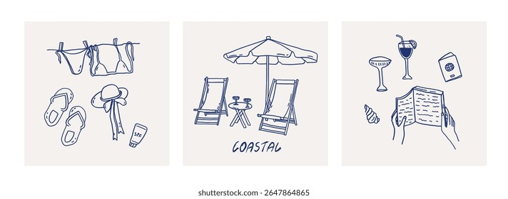 Coastal seaside whimsical mediterranean beach hand drawn cards set with swimsuit, beach loungers, reading book, cocktails. Summer vacation sea sketch. Wedding coquette vector illustration