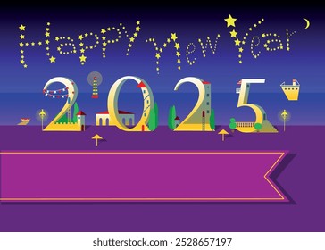 Coastal Serenity: Happy New Year 2025. The yellow text resembles stars in the night sky, while the numbers take the form of white houses. The backdrop features the serene sea and sandy beach. A spacio