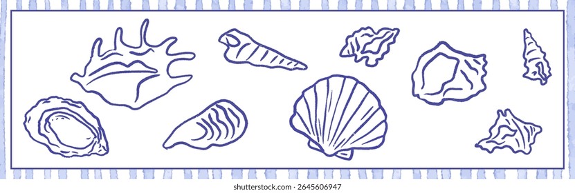 Coastal shell collection inspired by Mediterranean seaside walks, featuring scallop, oyster, spiral, clam and sea snail forms. Vector illustration in casual crayon sketch style for print and decor.