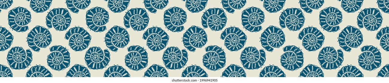 
Coastal shell drawn etching seamless border. Marine 2 tone seashell printed background edge for interior textiles and modern trendy maritime fashion. Sea life  design vector banner trim.
