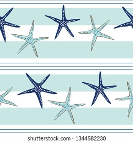 Coastal starfish repeat pattern. Navy blue and turquoise sea stars on a 
 striped background. Seamless vector design with fresh clean look that says vacation, beach wedding or resort and spa.