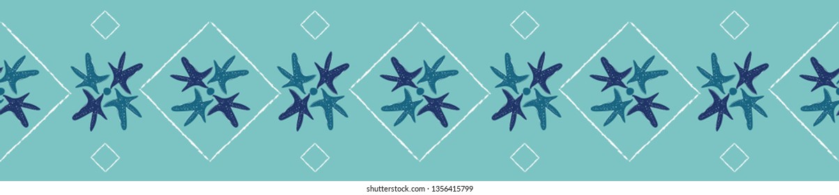 Coastal starfish seamless repeat border. White drawings and blue sea stars on turquoise background. Seamless vector design with fresh clean look for vacation, beach wedding, resort and spa designs.