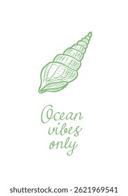 Afiche de estilo costero con concha verde y cita "Solo vibraciones oceánicas" en blanco. Impresión de la playa para el arte de la pared, la postal, el logotipo del Vector, y el diseño de la camiseta.