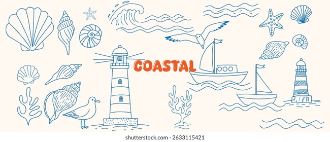 Coastal summer doodle vector illustration set featuring hand drawn seashells, sailboats, lighthouses, waves, birds, and ocean-themed sketch elements

