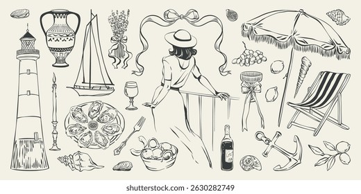 Coastal summer vacation hand drawn ink illustration set. Romantic Italian seaside with elegant woman and sea elements vector illustration for nautical poster, card, party invitation, postcard, banner.