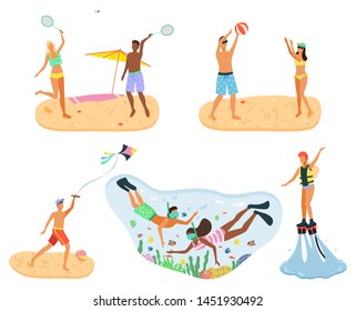 Coastal summer vacation vector, people relaxing by beach and sea water. Playing volleyball and tennis, paper kite and snorkeling. Divers underwater exploring ocean, summertime activity