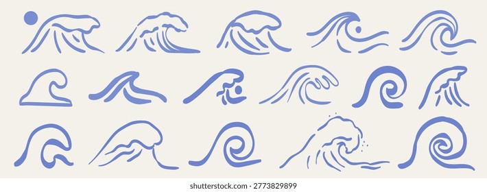 Coastal summer waves set for poster, placard or banner decoration. Sea or beach waves simple line drawing icons design. Summertime abstract simple sea theme sticker, badge, symbol, logo collection.