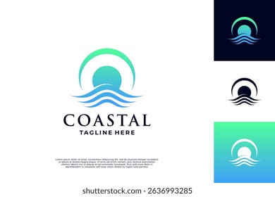 Coastal sun wave logo design line art style