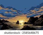 Coastal sunset landscape illustration with rocks