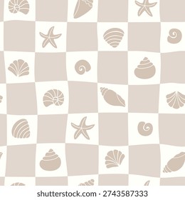 Coastal textile print vector. Sand tone nautical background. Modern ocean repeat. Scandinavian beach pattern. Shell silhouette tile wallpaper. Seashell checker seamless texture