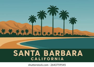 A coastal view of Santa Barbara, California, where the warm colors of a sunset paint the sky, with the Pacific Ocean stretching out before a backdrop of hills and iconic palm trees