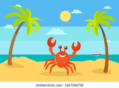 Coastal view, seascape vector summertime holidays vector. Crab character palm tree decoration, sunshine of beach, exotic sea water, ship on ocean water, funny smile crab on beach