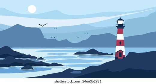 Coastal Views with Lighthouses at Sunset, Waves Crashing on the Shore. Cartoon Vector Illustration