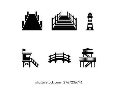 Coastal Waterfront Structure Icon Set Black and White Silhouette Collection - Wooden Dock Boardwalk Lighthouse Watchtower Monochrome Silhouette Icon Set