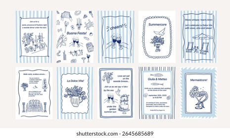 Coastal whimsical hand drawn cards set. Summer mediterranean beach sea border frame. Seaside wedding coquette greeting card template vector illustration