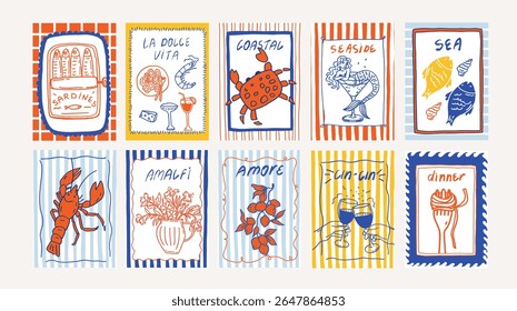 Coastal whimsical hand drawn cards set. Italian summer vacation mediterranean beach sea sketch border frame. Seaside wedding coquette greeting card template vector illustration