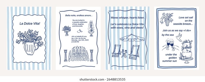 Costeira caprichosa praia à beira-mar cartas desenhadas à mão com espreguiçadeiras de praia, villa, vaso floral e bolo de casamento. Férias de verão esboço mediterrâneo. Ilustração de vetor de coquete de casamento