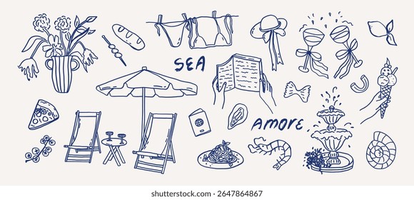 Coastal whimsy beach vacation elements mediterranean hand drawn set. Whimsical seaside italian summer sketch of swimsuit, food, loungers and reading book. Wedding coquette vector illustration