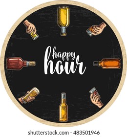 Coaster for alcohol drinks with bottle and hand holding glass with beer, whiskey, tequila, rum. Vintage vector engraving illustration. Advertising design for pub on dark background. For dial hours