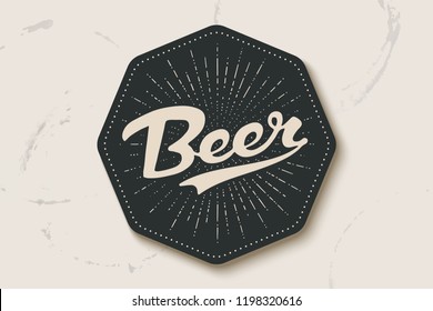 Coaster for beer with hand drawn lettering Beer. Monochrome vintage drawing for bar, pub and beer themes. Black coaster for placing a beer mug or a bottle over it with lettering. Vector Illustration