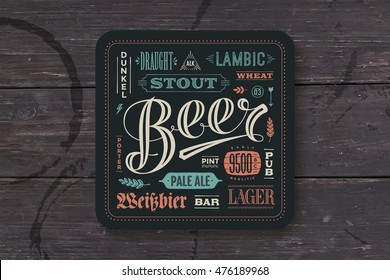 Coaster For Beer With Hand Drawn Lettering. Colorful Vintage Drawing For Bar, Pub And Beer Themes. Vector Illustration