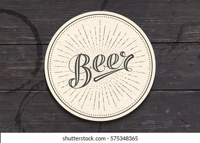 Coaster For Beer With Hand-drawn Lettering Beer. Monochrome Vintage Drawing For Bar, Pub And Beer Themes. White Circle For Placing Beer Mug And Bottle Over It With Lettering. Vector Illustration