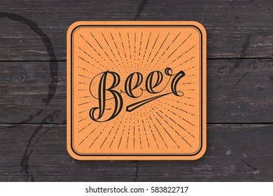 Coaster for beer with hand-drawn lettering Beer. Monochrome vintage drawing for bar, pub and beer themes. Colorful square for placing beer mug and bottle over it with lettering. Vector Illustration