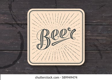 Coaster for beer with hand-drawn lettering Beer. Monochrome vintage drawing for bar, pub and beer themes. Kraft square for placing beer mug and bottle over it with lettering. Vector Illustration