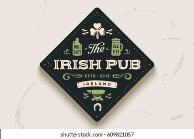 Coaster for beer with hand-drawn lettering Beer. Vintage drawing for bar, pub and beer themes. Balck circle for placing beer mug and bottle over it with lettering. Vector Illustration