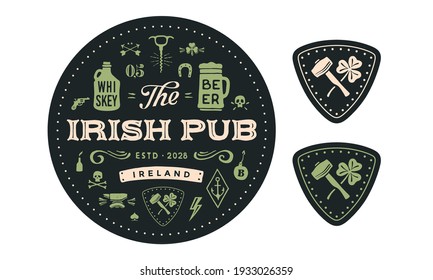 Coaster. Circle coaster, text Irish Pub, Beer, Whiskey. Vintage drawing for bar, pub, beer and whiskey themes. Black circle coaster for placing a beer mug or whiskey glass. Vector Illustration