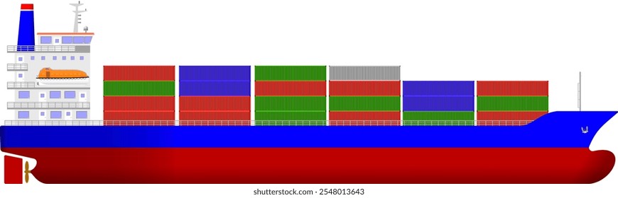 Coaster Size Container Ship. Side profile of a small container cargo ship. Isolated vector illustration.