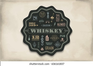 Coaster for whiskey and alcohol beverage. Black circle for placing whiskey glass over it with drawings and lettering. Vintage drawing for bar, pub and whiskey themes. Vector Illustration