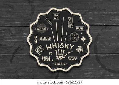 Coaster for whiskey and alcoholic beverages. Vintage drawing for bar, pub and whiskey themes. Black and white circle for placing whiskey glass over it with lettering, drawings. Vector Illustration