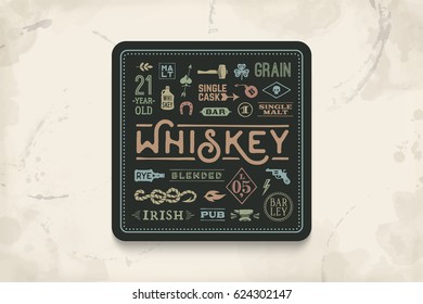 Coaster for whiskey and alcoholic beverages. Vintage drawing for bar, pub and whiskey themes. Black square for placing whiskey glass over it with lettering, drawings. Vector Illustration