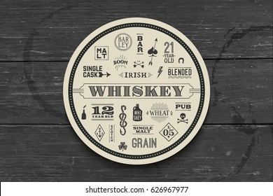 Coaster for whiskey and alcoholic beverages. Vintage drawing for bar, pub and whiskey themes. Black and white circle for placing whiskey glass over it with lettering, drawings. Vector Illustration