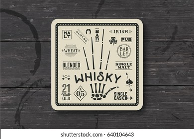 Coaster for whiskey and alcoholic beverages. Vintage drawing for bar, pub and whiskey themes. Black and white square for placing whiskey glass over it with lettering, drawings. Vector Illustration