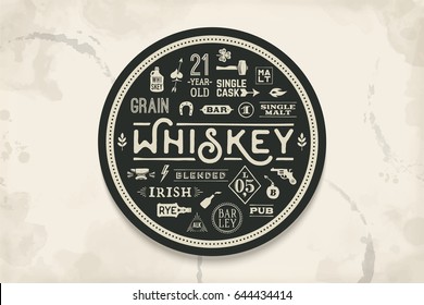 Coaster for whiskey and alcoholic beverages. Vintage drawing for bar, pub and whiskey themes. Black and white circle for placing whiskey glass over it with lettering, drawings. Vector Illustration
