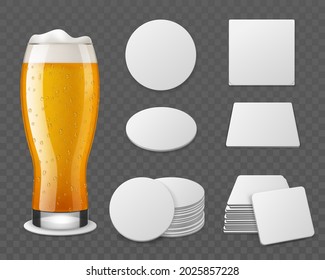 Coasters with beer. Realistic glass with drink, blank paper round and square shapes, different angles view, single objects and stacks. Empty cardboard drink mats mockup. Vector isolated set