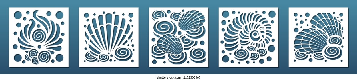 Coasters laser cut templates. Nautical underwater design with seashells. CNC cutting stencil, paper art, wall art square panels, room interior decorative tiles. Vector illustration