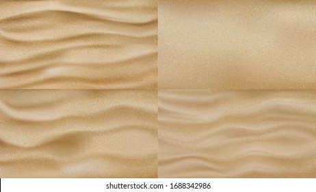Coastline Beach Or Desert Sand Texture Set Vector. Collection Of Sand With Waves Relief, Gravel Granular Material. Sandy Seaside Vacation Relaxation Landscape Layout Realistic 3d Illustrations