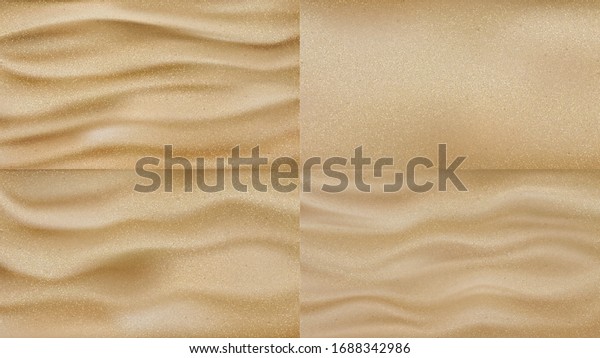 海岸線の海岸または砂漠の砂のテクスチャセットベクター画像 砂と波の浮き彫り 砂利粒状の材料のコレクション サンディシーサイドバケーションリラックス風景レイアウトリアル3dイラスト のベクター画像素材 ロイヤリティフリー