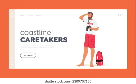 Coastline Caretakers Landing Page Template. Vigilant Lifeguard Male Character Scanning With Binoculars For Potential Dangers, Ensuring Safety On The Beach Or Pool. Cartoon People Vector Illustration